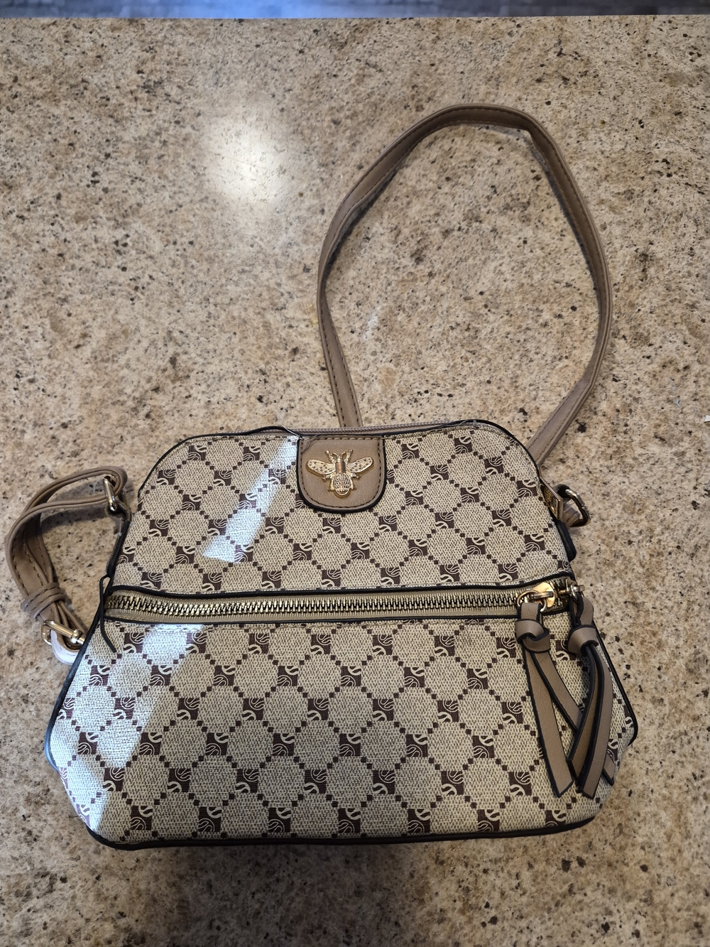 Neutral Taupe Patterned Crossbody with Gold Bee Accent